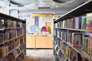 Council Tree Library interior, shelves and carts