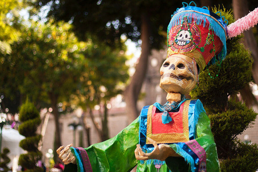 paper maiche cartoneria skeleton at a day of the dead celebration