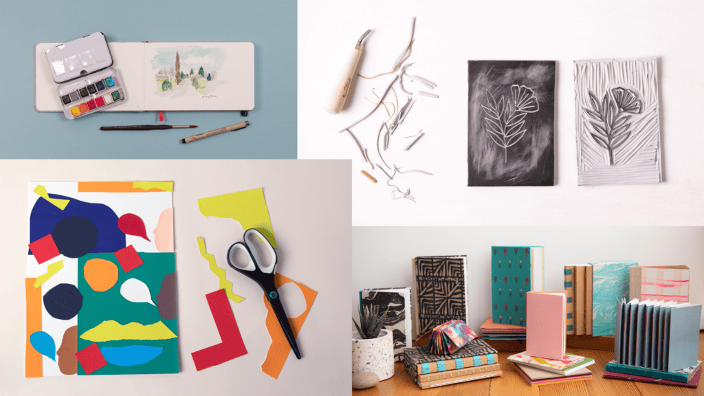 Pintura, dibujo y otros materiales artísticos sobre una mesa