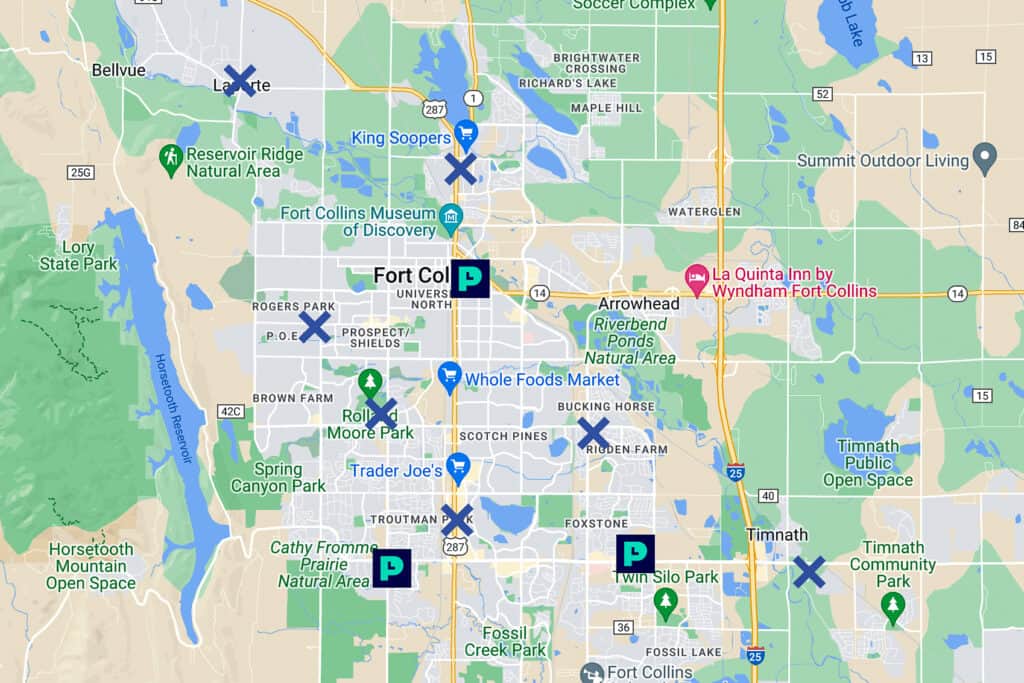 Screenshot of a map of Fort Collins with indications of dropboxes