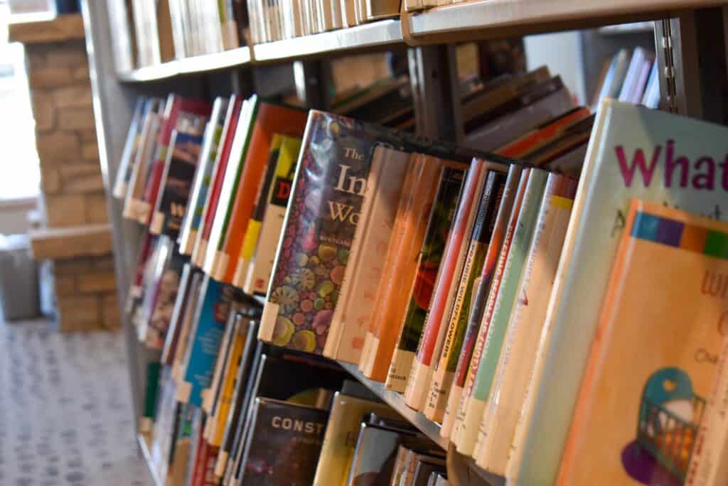 Colorful spines of books shelved at a library.