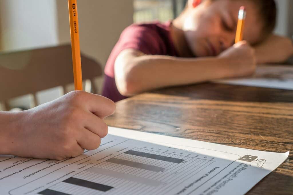 Young boys filling out worksheets with pencils