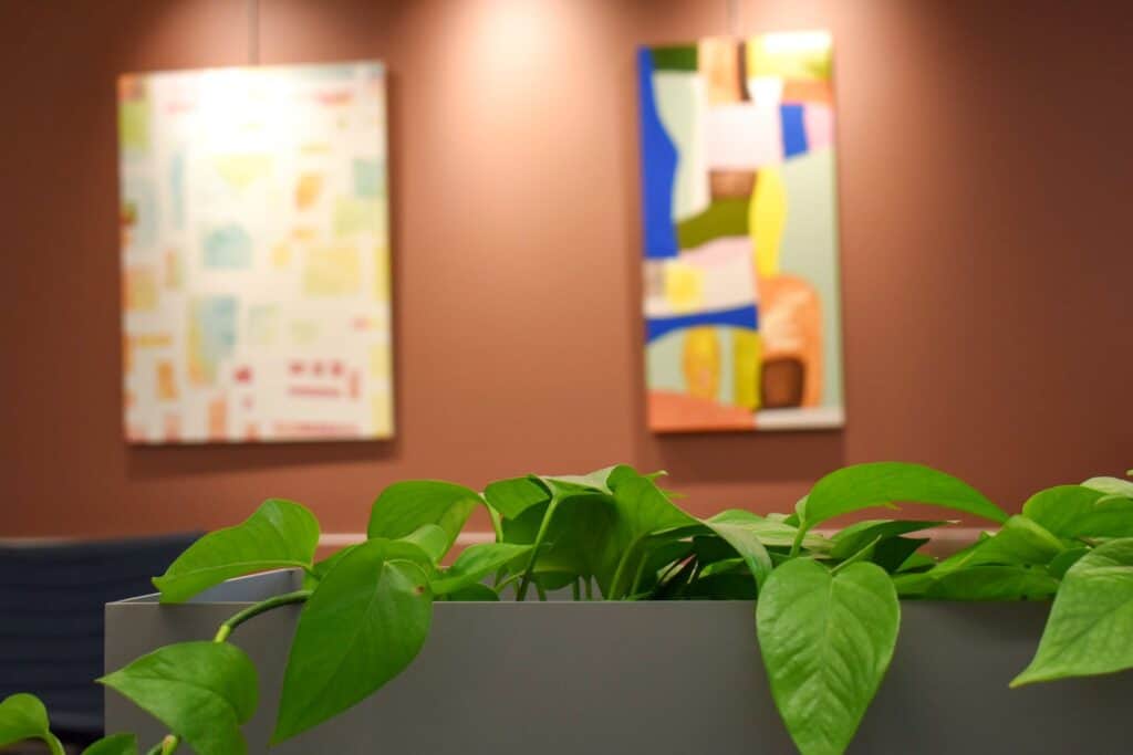 Planter box with large green leaves overflowing from it.