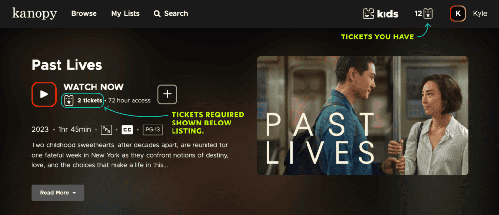 Screenshot of a Kanopy movie listing with an arrow pointing towards the number of tickets required to check out the item to the right of the play button