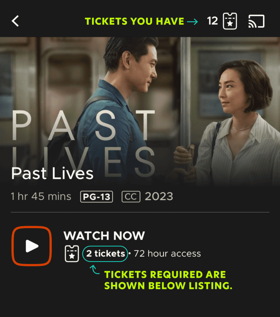 Screenshot of a Kanopy movie listing with an arrow pointing towards the number of tickets required to check out the item to the right of the play button.