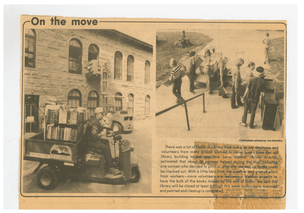 Scanned copy of a newspaper article about moving books to a new library location