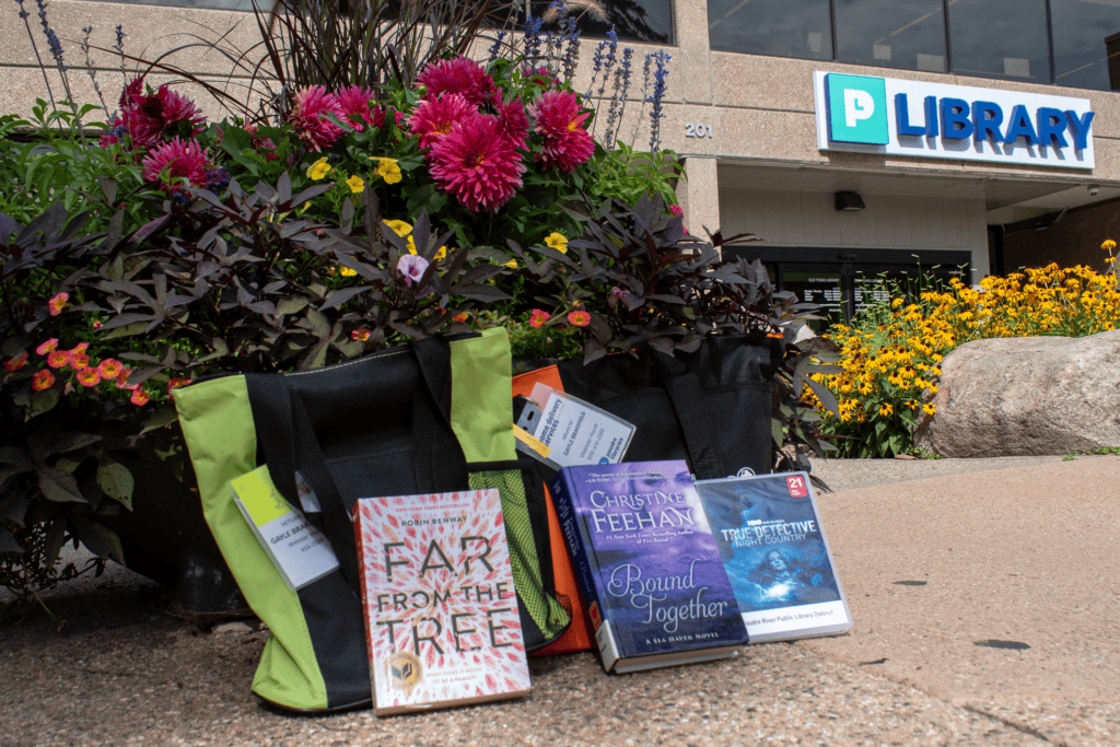 Books and bags of books in front of a library