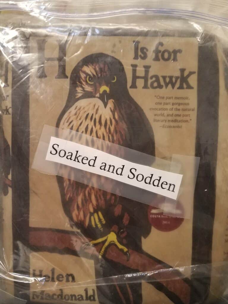 Warped book with the label "soaked and sodden"