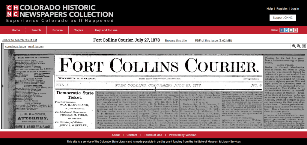 screenshot of the colorado historic newspapers collection website