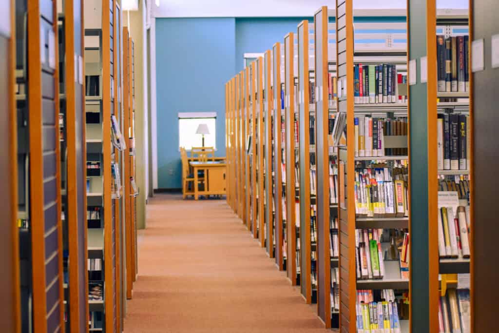 Shelves of books inside a library