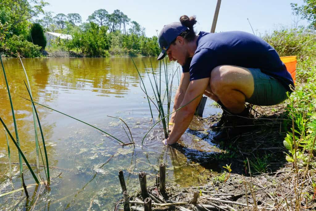 Hombre trabajando en un río