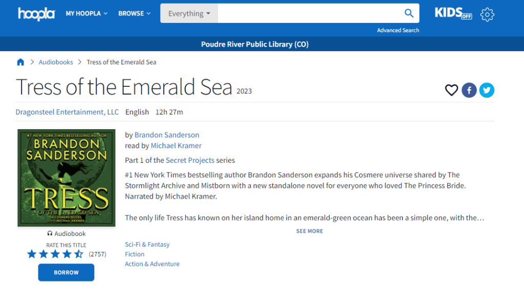 "Tress of the Emerald Sea" audiobook listing on Hoopla web version