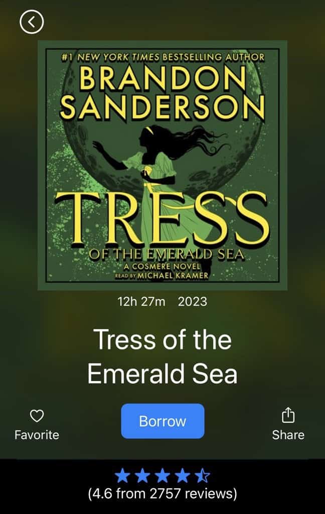 "Tress of the Emerald Sea" audiobook listing on Hoopla app