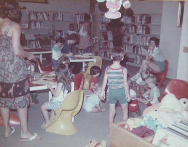 vintage photos of families gathered in a library