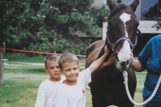 two young boys petting a horse