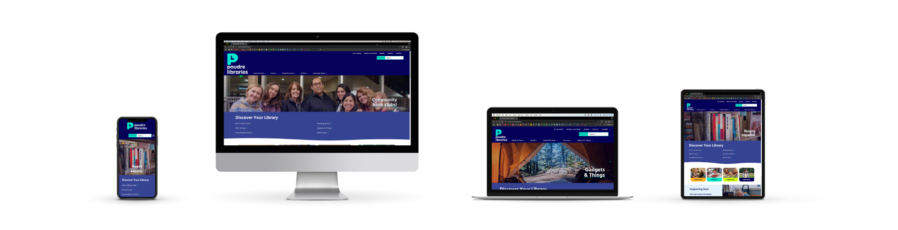 Four devices lined up in a row each showing the Poudre Libraries homepage.