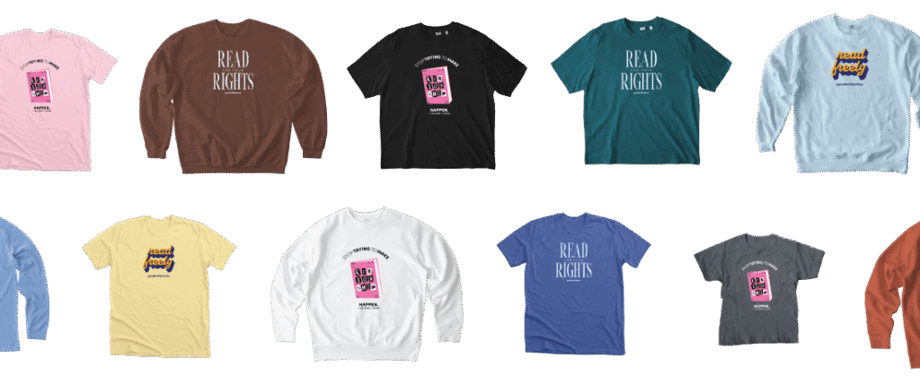 variety of shirts for banned books week