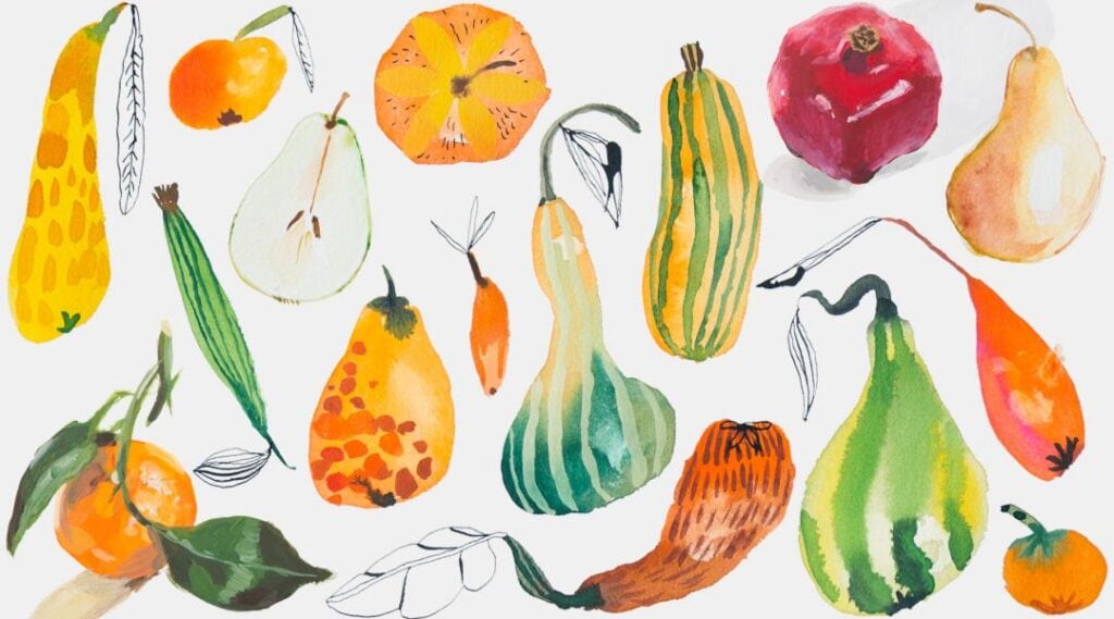 Una variedad de frutas y verduras coloridas pintadas con acuarela.
