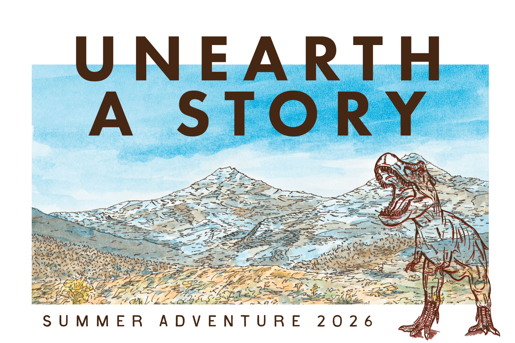 Montañas y un T-Rex con texto: Descubre una historia, Aventura de verano 2026