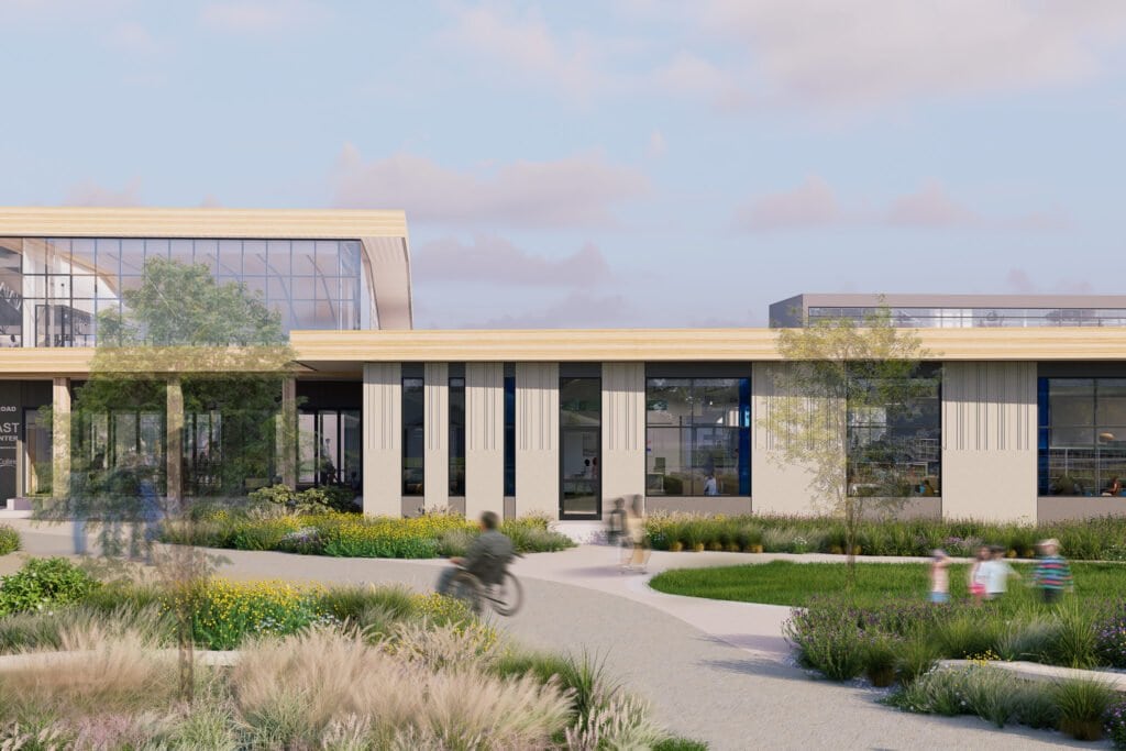 mockup of a north facing view of the southeast library's north storywalk