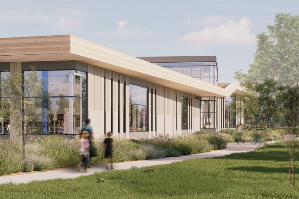 mockup of a north facing view of the southeast library's north storywalk