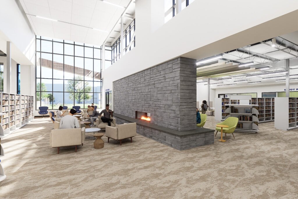 mockup of the southeast library's main fireplace seating area