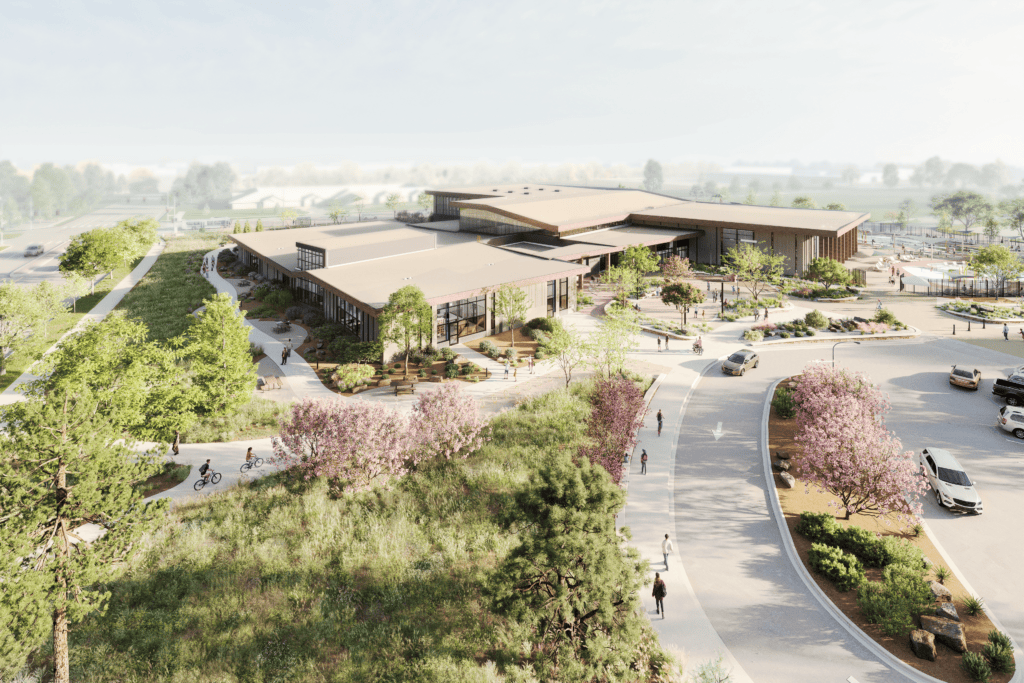 mockup of a south facing aerial view of the southeast community center