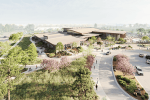 mockup of a south facing aerial view of the southeast community center