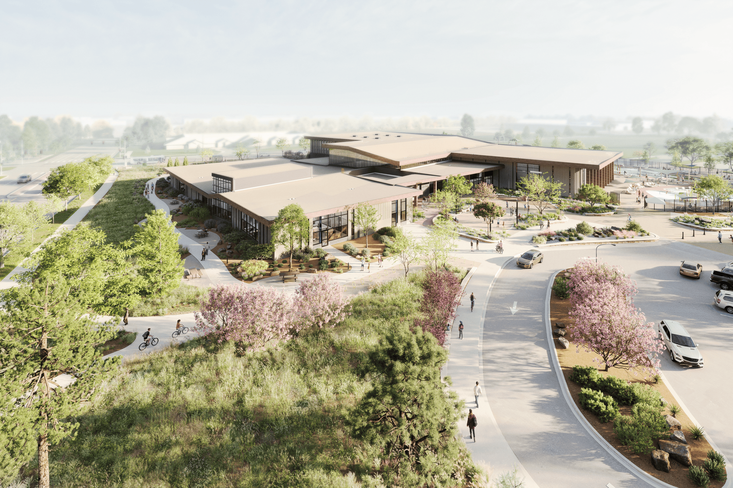 mockup of a south facing aerial view of the southeast community center